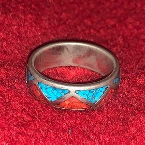 Native Sterling Turquoise & Coral Ring ( Size 12 )